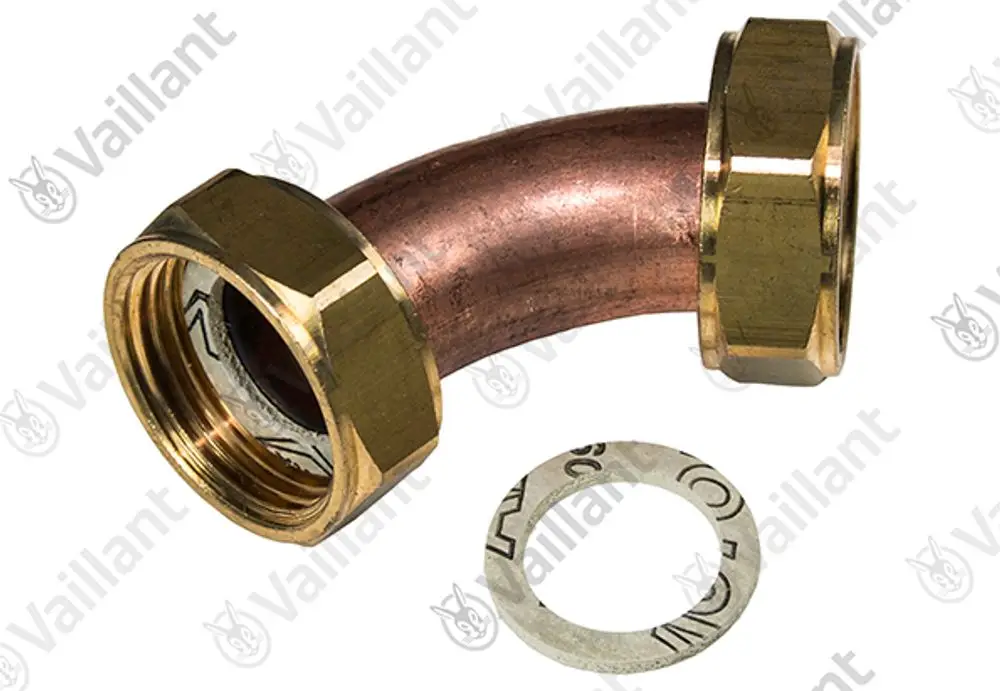 Kupferrohr mit goldfarbenen Anschlussstücken, gebogen in einem 90-Grad-Winkel. Zubehörteil von Vaillant, verwendet in Heizungs- oder Rohrleitungssystemen.